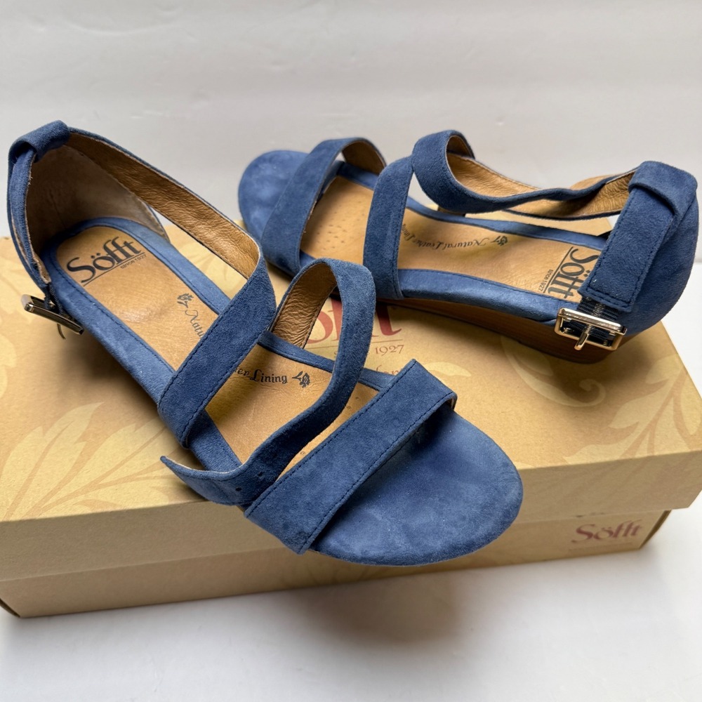 Sofft Innis Denim Blue‎ Suede Strappy Wedge Sandals 1290027 Womens US 6 EU 37 - Picture 2 of 10